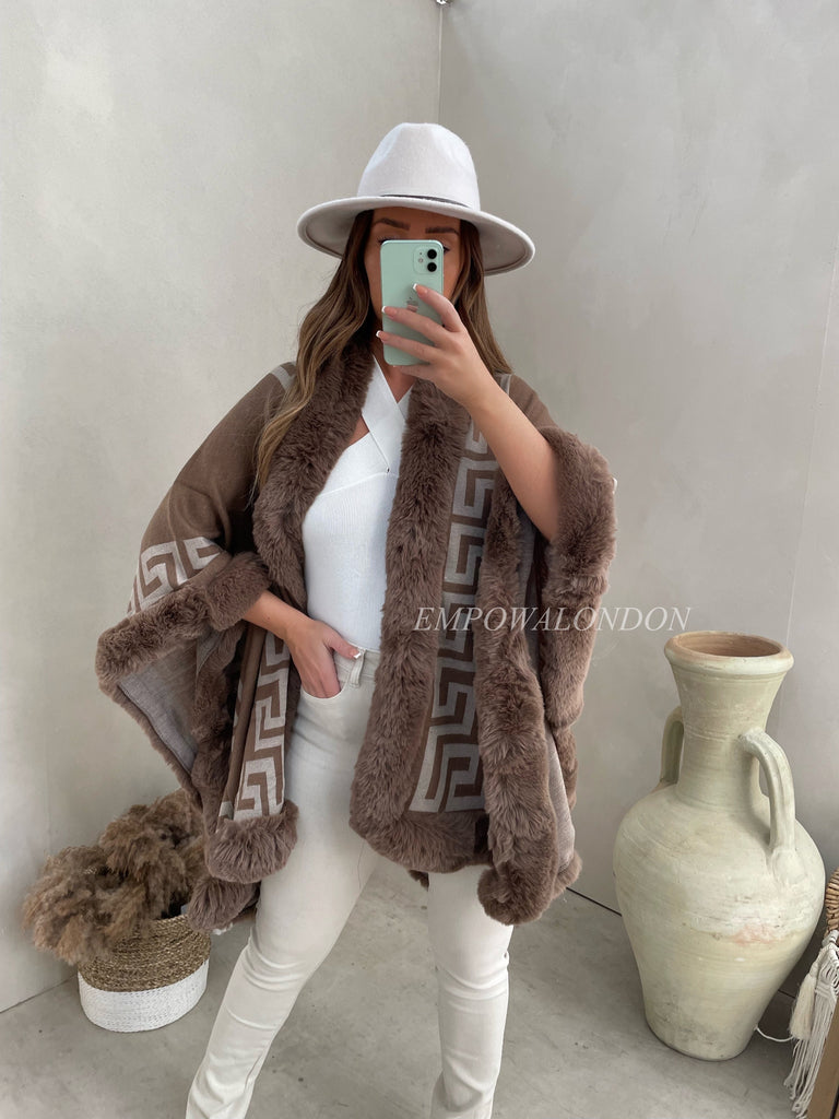 MELANIE FUR TRIM PONCHO CHOCOLATE (7047329218743)